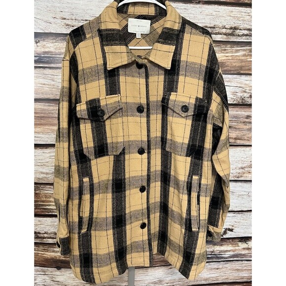 Lucky Brand Shirt Womens Large Beige Plaid Shacket Heavy Cotton Button Up - Picture 1 of 8